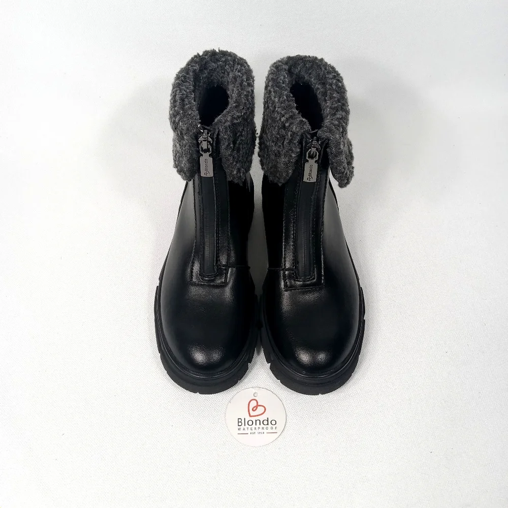BLONDO Plaka Black Leather Winter Boots Lug Sole Waterproof Women's Size 6 M